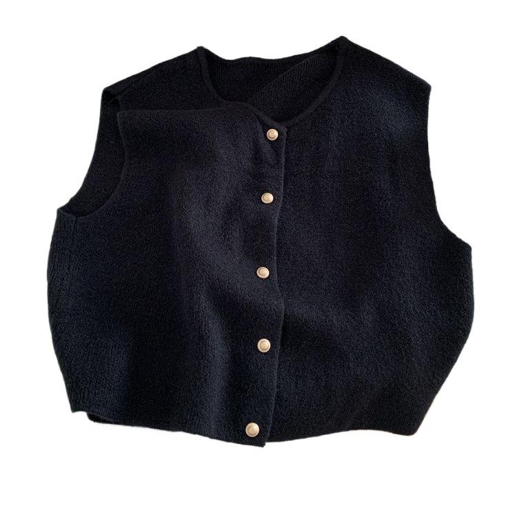 Korean Style Sleeveless Round Neck Knitted Vest with Gold Buttons