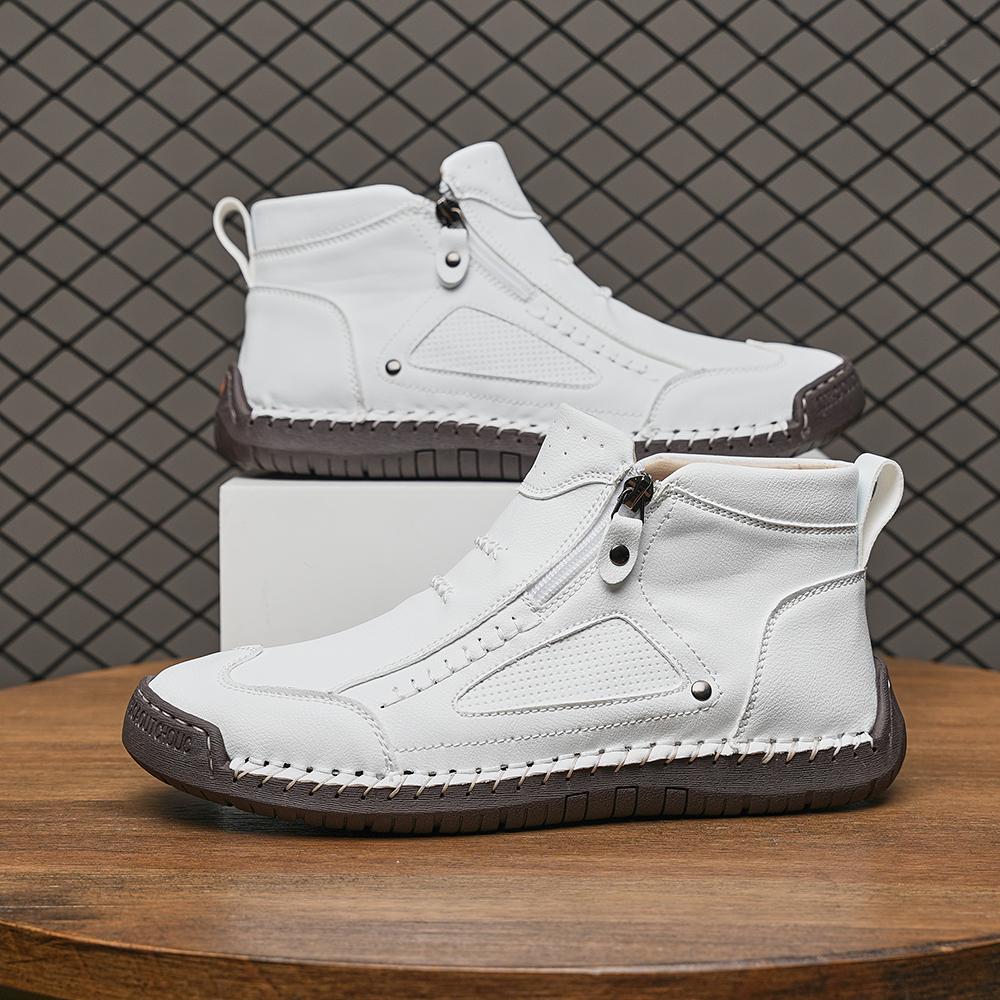 Men's Leather Ankle Boots Outdoor Casual Boots Casual Soft Sneakers Flat Lace-up Boots Handmade Large Size Mens Shoes Botines