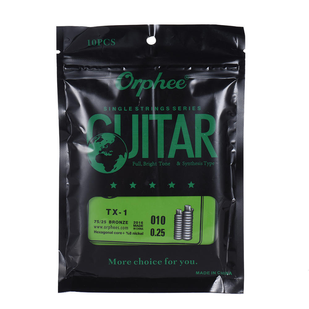 Orphee TX-1 Single String Replacement for Acoustic Folk Guitar 1st E-String (.010) 10-Pack High-carb