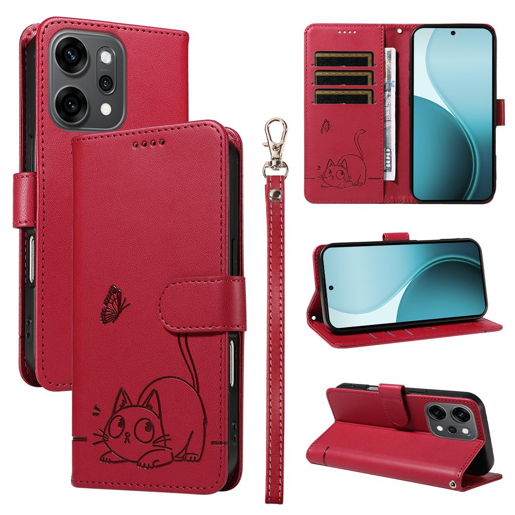 For Oppo Reno14 Pro 5G (China)/Oppo Reno14 Pro 5G (Global) Case Cat Pattern Imprint Leather Phone Cover with Wrist Strap