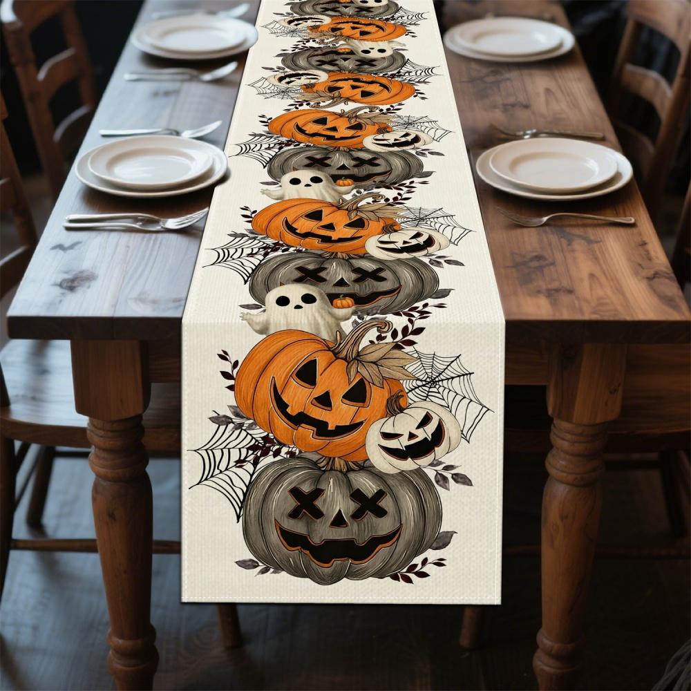 1pc Halloween Table Runner - Jack-o'-lanterns, Spider Webs, Pumpkin Decorations - Farmhouse Kitchen Dining Party Decoration