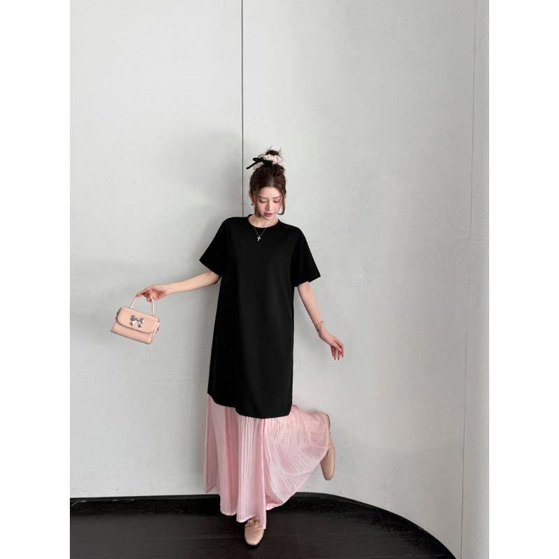 DIMANAF 2026 Summer New Plus Size Women Black Pink Color Short Sleeve Loose Shirt Dress Fashion Lady Long Dress