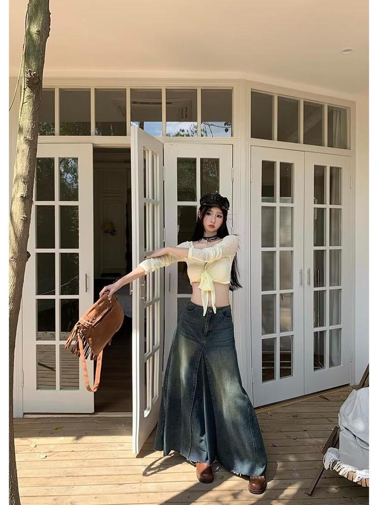 Women's High-Waist Summer 2024 Retro Washed Denim A-Line Skirt