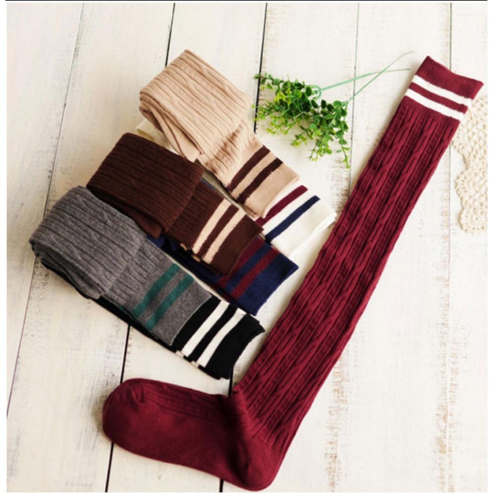 2019 College Style Stockings, Women's Two Bar Twists, Stacking Socks, Japanese and Korean Striped Stockings Over Knee Socks