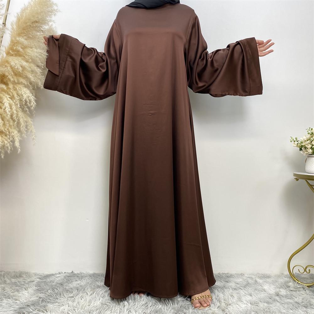 

Дубай Лидер продаж однотонное атласное мусульманское платье со шнуровкой (Большой размер) - 6622 Extra Large (XL) кофейный