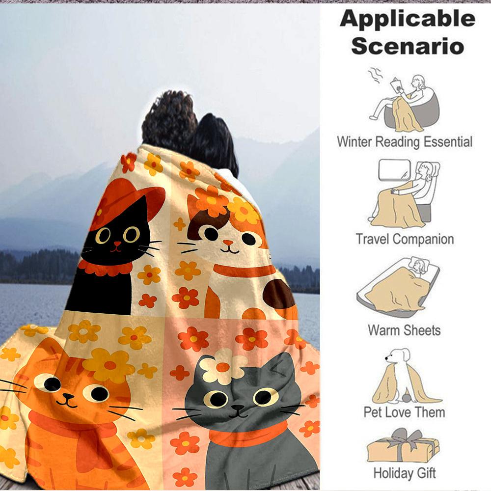 1pc Floral Cats Print Blanket - Lightweight Flannel Blanket For Sofa, Bed, Living Room, Office, Outdoor Travel, Camping, Soft 069