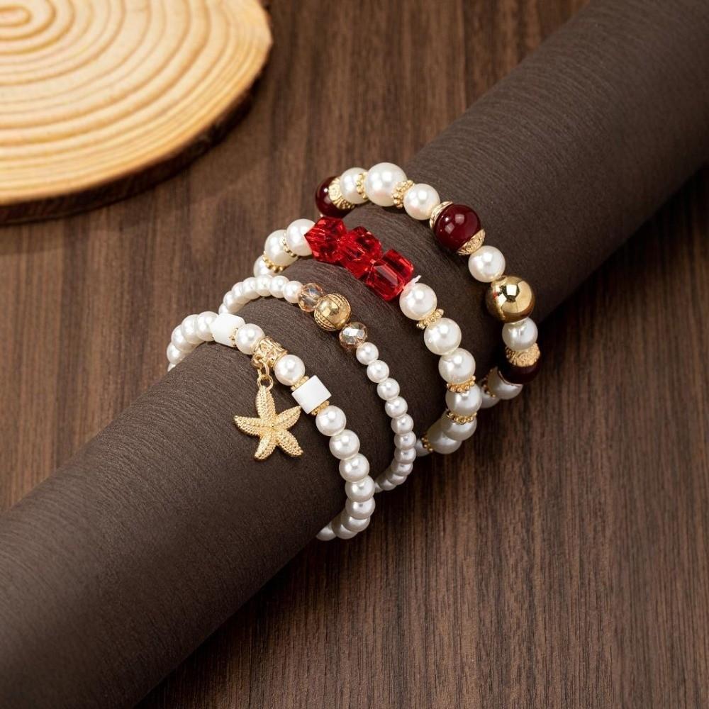 4pcs/set Ethnic Style Simulated Pearl Bracelets Multilayer Hand Chain Summer Accessories