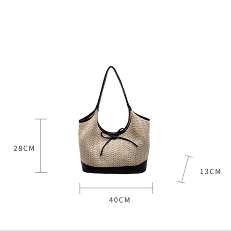 Women Straw Tote Handbag with Bow Weaving Travel Handbag Large Capacity Simple Shoulder Bag Female Woven Bag