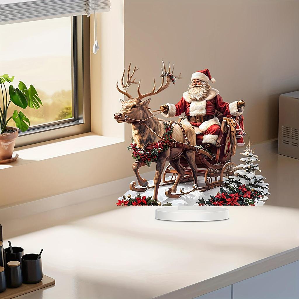 Christmas Reindeer Sleigh Santa Figurine 2D Acrylic Christmas Tree Desktop Decor for Home, Office, Festive Holiday Decorations