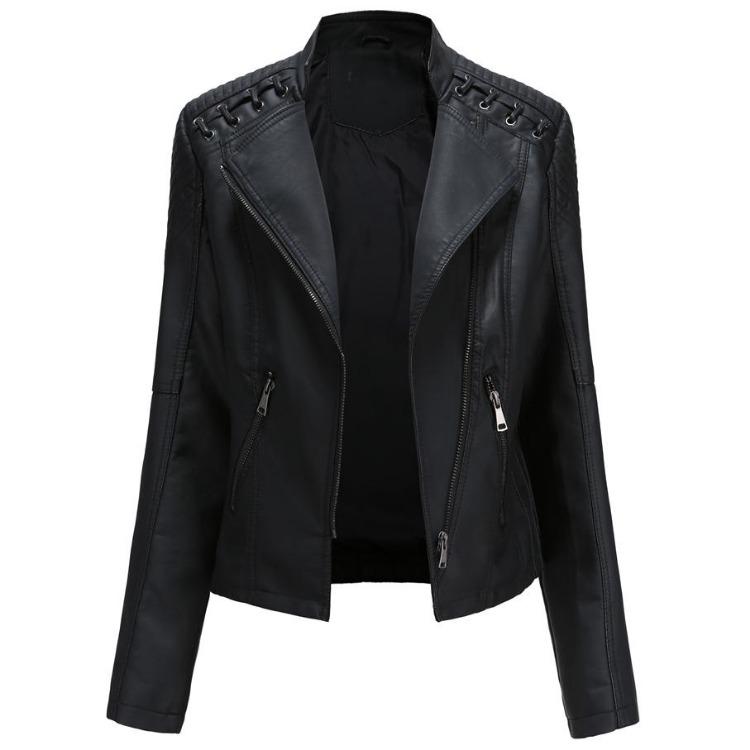 Stylish Women Faux Leather Moto Jacket Retro Lacing Detail PU Biker Coat Casual Zip Up Outerwear Slim Fit Short Classic Plus Size S-4XL
