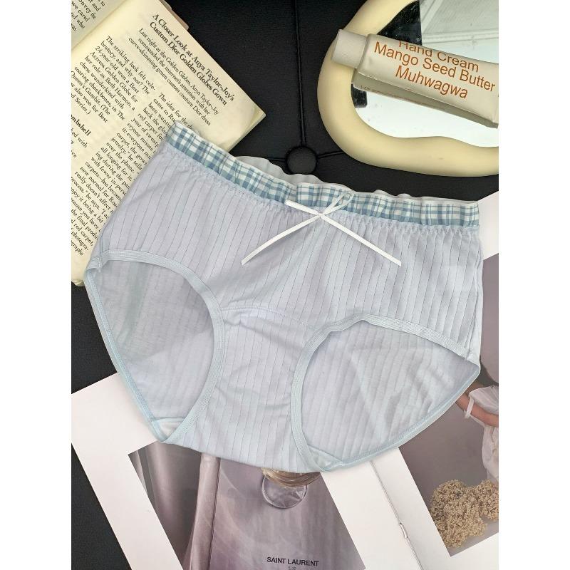 Girl Spring and Autumn Sweet Plaid Edge Splicing 10A Antibacterial Wrapped Hip Mid Waist Triangle Briefs