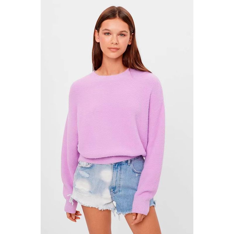 

Sunshine Home Autumn and Winter Foreign Trade European and American Women clothes Ber **Mink Velvet Short round Neck Long sleeve Sweater Knit Violet XS: Bust size 100