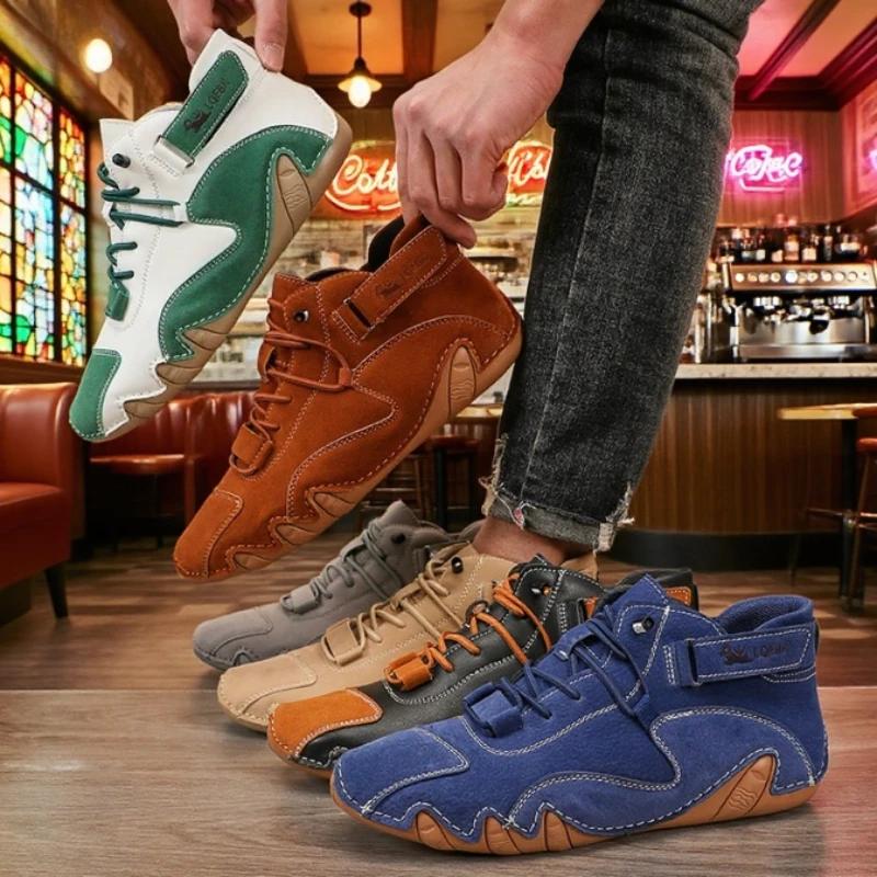 Men's Casual Shoes Breathable Soft Sole Handmade Leather Bare Boots  Retro Fashionable Design Comfortable High Top Sneakers