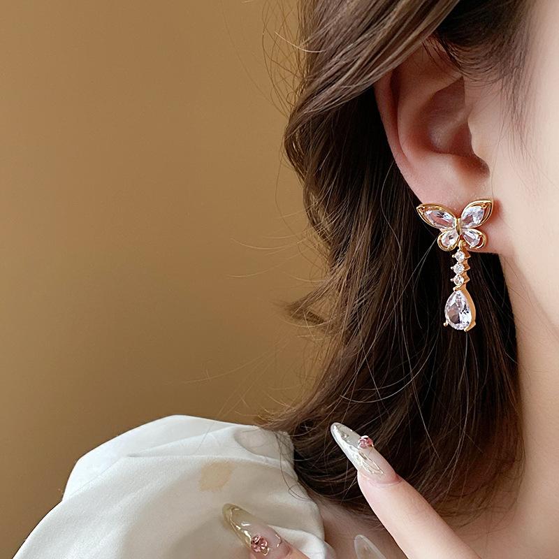 Korean Luxury Crystal Flower Butterfly Earrings For Women Sweet Zircon Drop Earrings Girls Party Jewelry Bijoux Gifts
