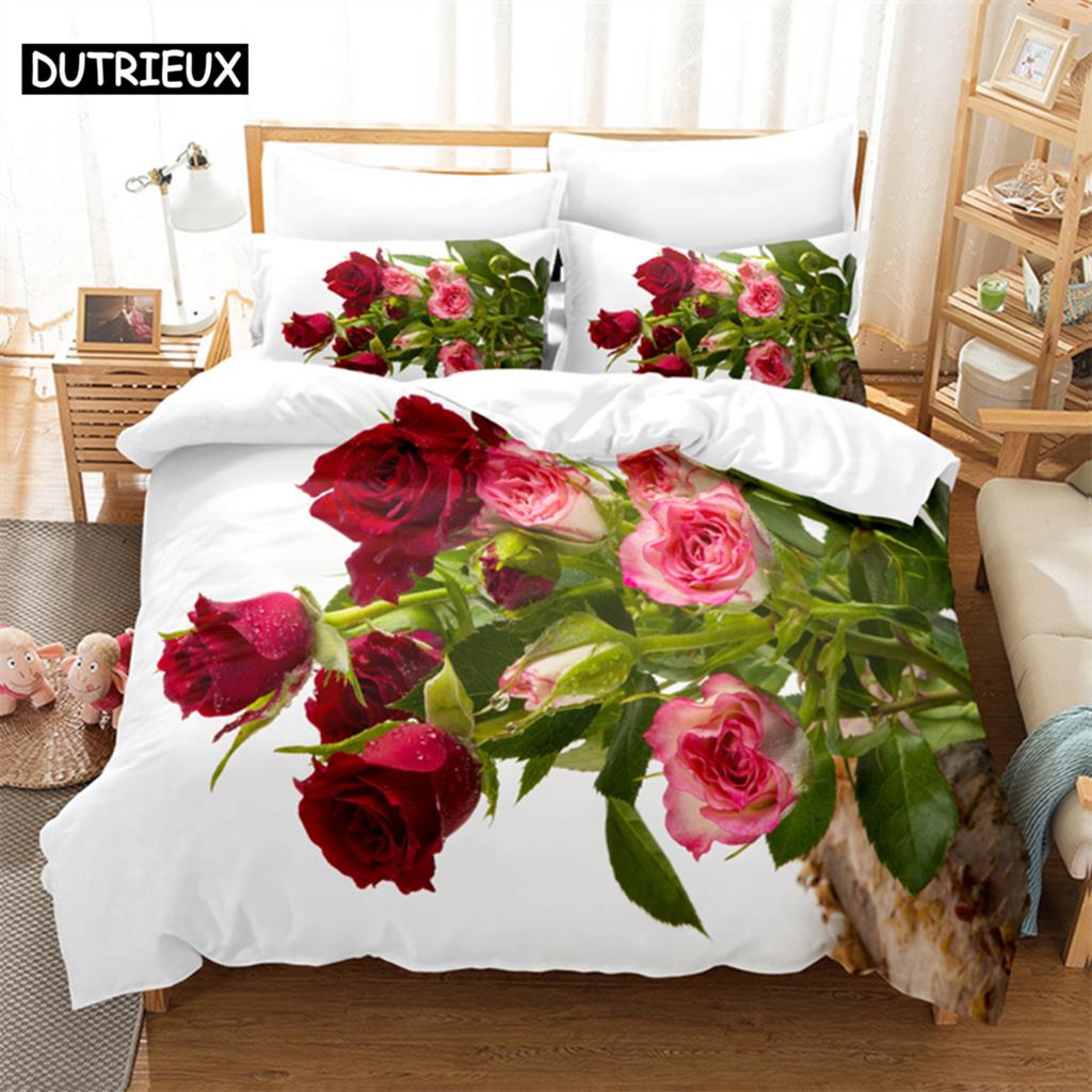 Flower Duvet Cover Set Double Bed Single Red Rose Quilt Cover Thin 3D Comforter Bedding Sets 3pcs 2Pcs King Size Full Wedding