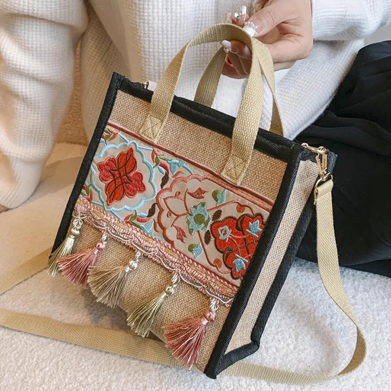 WTEMPO Ethnic Style Casual Versatile Hemp Strap Bags Women's Zipper Crossbody Bags Tassel Singer Shoulder Bags