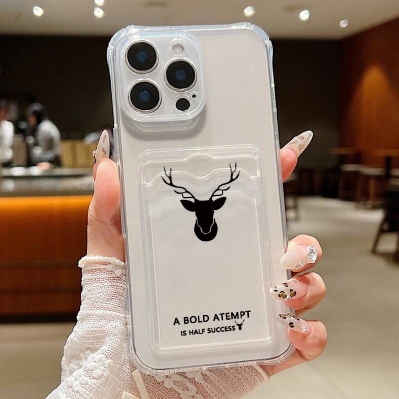 For iPhone 16E 16 Pro Max 15 Pro 14 13 12 11 Cover Shell Simple Deer Pattern Clear Card Pocket Slot Slim Shockproof Soft Silicone Phone Case