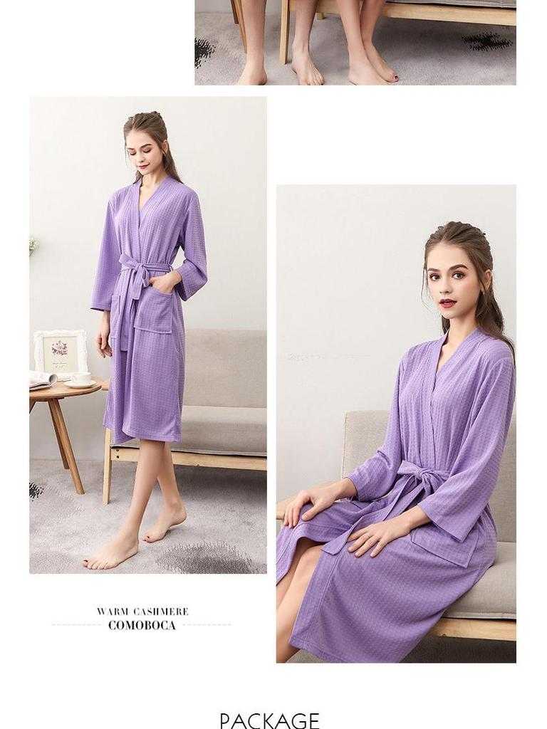 Waffle Pattern Bathrobe Couple Pajamas, Unisex Summer Three-Quarter Sleeve, Korean Style, Polyester & Absorbent.