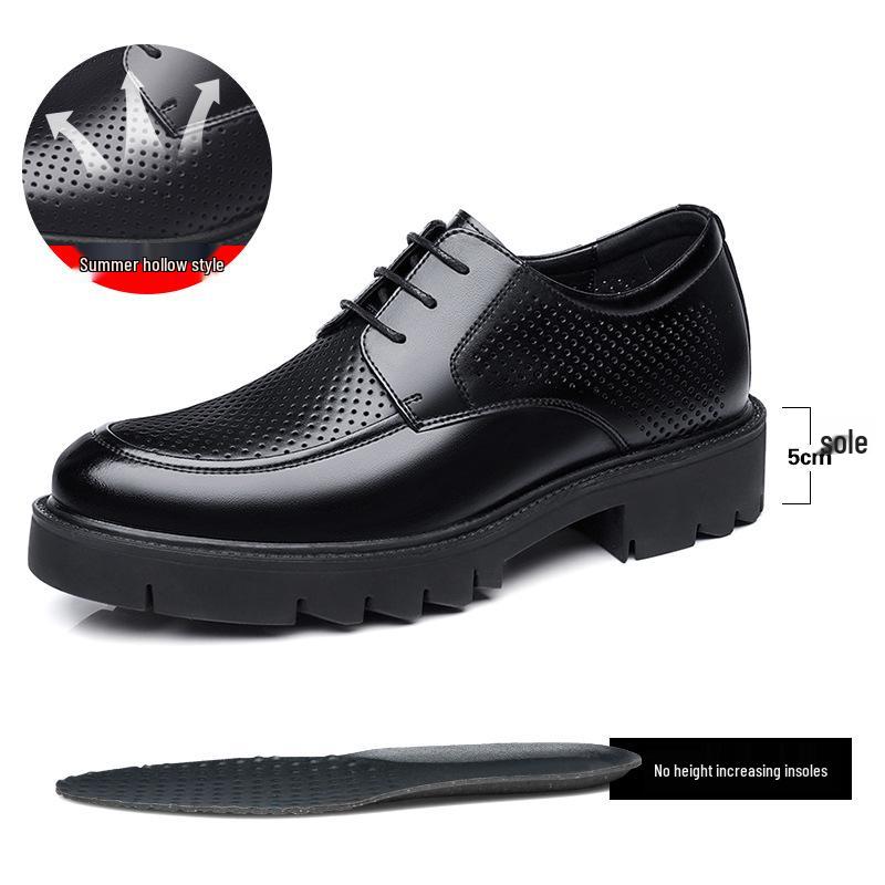 Men's Formal Leather Shoes, Autumn Style, 8CM Inner Lift, Thick Sole, Lace-up, Trendy Big Toe Design.