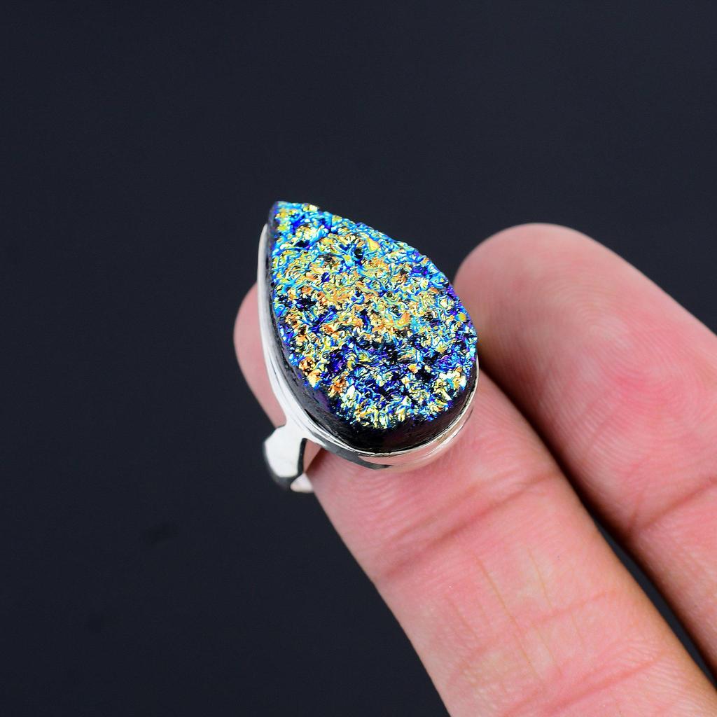 Natural Titanium Druzy 925 Silver Statement Promise Boho New Ring Jewelry US 8.5