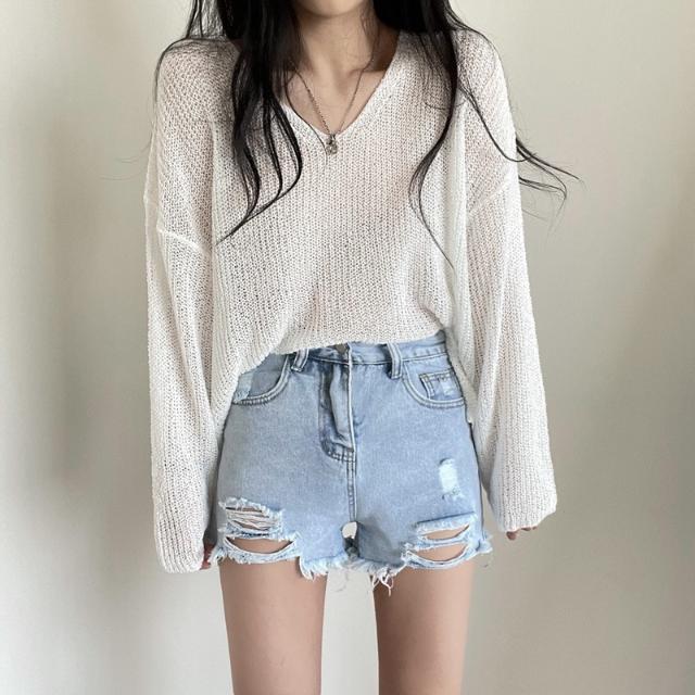 Summer Ice Silk Thin V-neck Sunscreen Sweater Coat Long Sleeve Knitted Hoodie Top T-shirt Air Conditioning Clothes