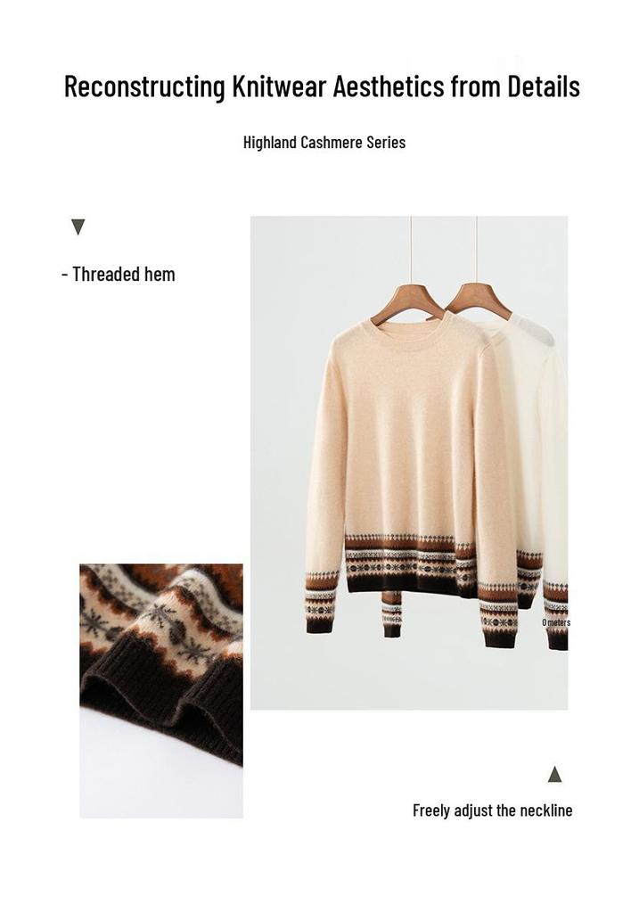 Women's Color Block Fair Isle Cashmere Sweater: Autumn/Winter 2026 Round Neck Versatile Pullover