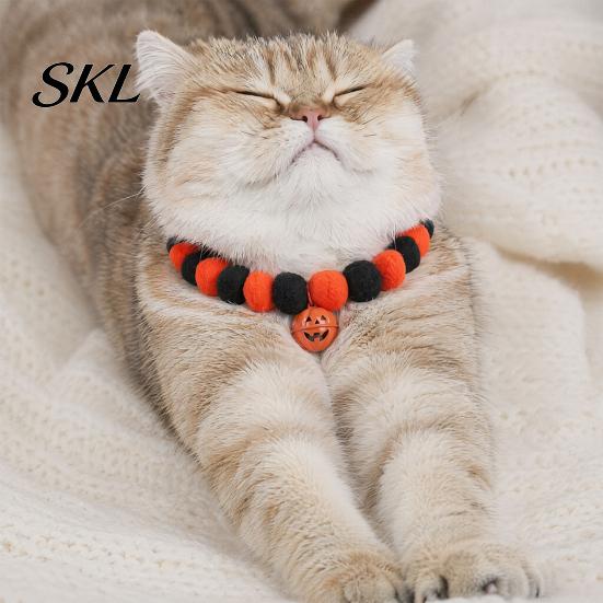 Stretchy Pet Collar Halloween Pom-Pom Collar, Cute Stretch Cat with Pumpkin Festive Bell, Soft Black Orange Pom-Poms for Cats Small Dogs Plush Pom-pom