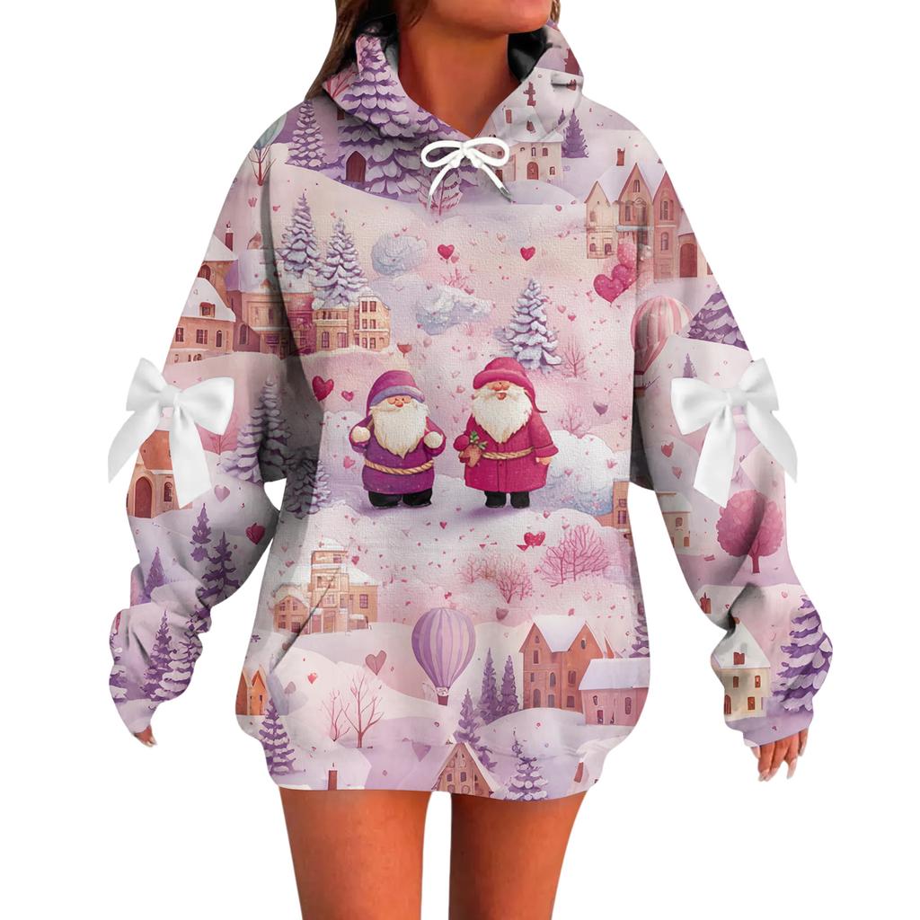 Ladies' Christmas Printed Bow Long Sleeved Loose Fitting Headband With Rope Hooded Sweatshirt Top