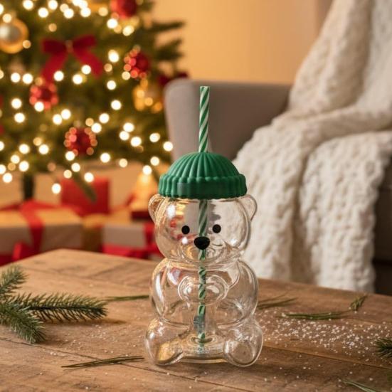 2 ks Kelímek ve tvaru medvídka s víčkem a brčkem Roztomilý nepropustný hrnek pro děti dospělé Plastový kelímek na studené nápoje na smoothie a ledovou kávu