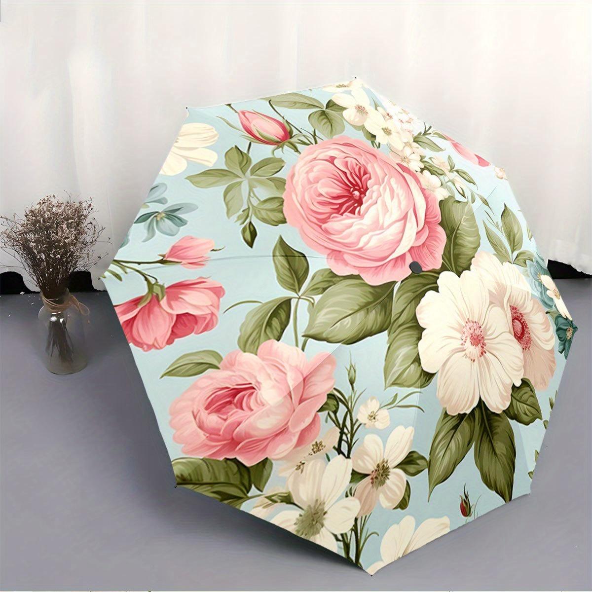 

Folding Umbrella The umbrella features large pink floral patterns, predominantly showcasing roses and peonies. Fits Travel, Ba (as the picture,Iron&8K)