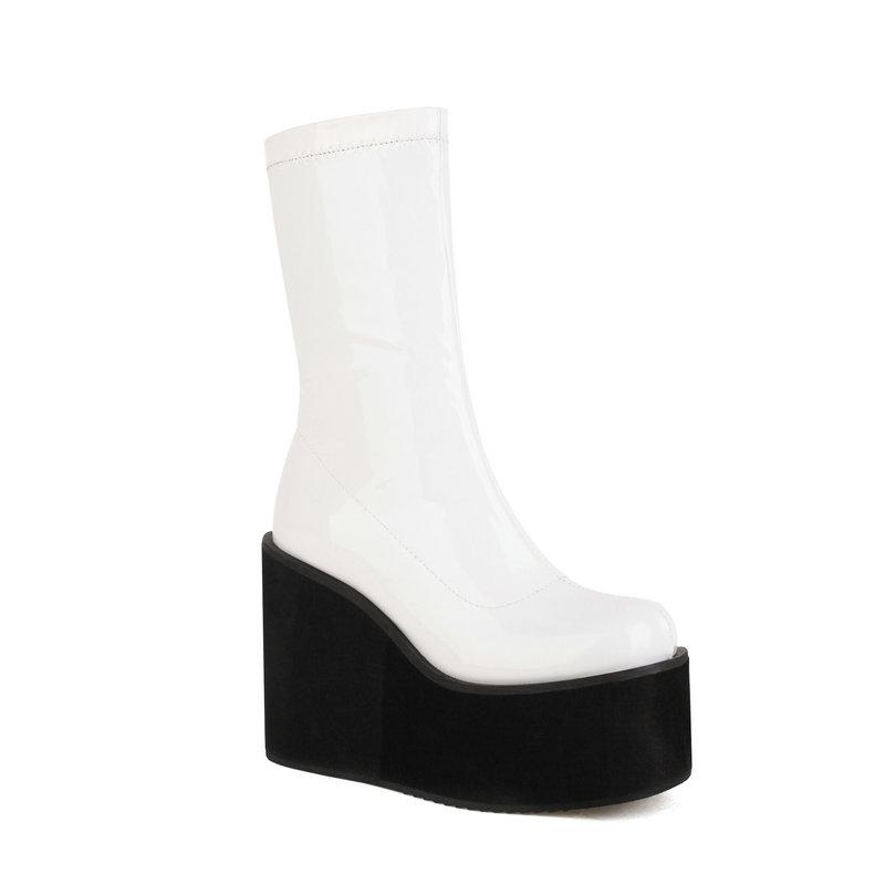 Foam Light-weight Sole Platform Wedges High Heels Girls Shoes Gloss Patent PU Leather Red White Ankle Stretch Booties Gothic Women Black Boots