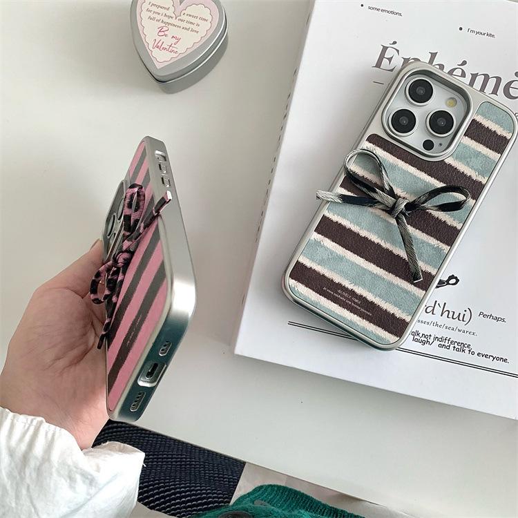 Applicable to iphone16pro striped bow mobile phone case Apple 15 electroplating all-inclusive wavy pattern protective case 14
