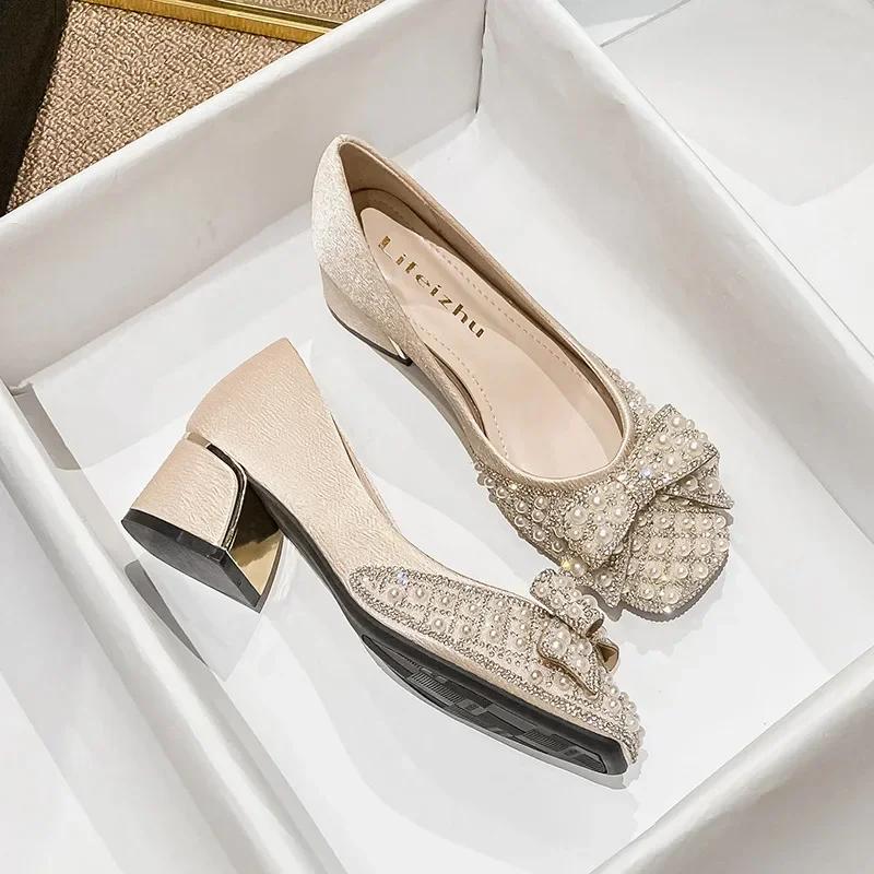 

Women Pumps Spring Summer Party Bowknot Square Casual High MiddleHeel Shoes Ladies Rhinestone Pearl Heels Women Plus Size3 5-43 43