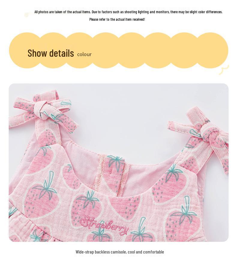 2025 Sommer Neugeborenes Erdbeer-Baumwoll-Strampelhöschen - Ärmellos, Spaghettiträger, Druckknopfverschluss im Schritt