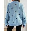 Damen Lockerer Halb-Reißverschluss Gestrickter Langarm Pullover mit Herzmuster Freizeit