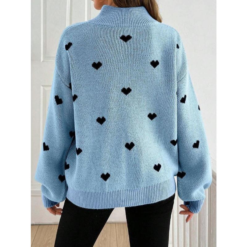 Damen Lockerer Halb-Reißverschluss Gestrickter Langarm Pullover mit Herzmuster Freizeit