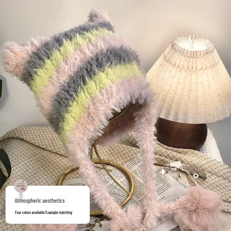 Korean Style Cat Ear Earmuff Hat - Cute, Warm, Dual-Use, Knitted Slouchy with Color Block Stripes