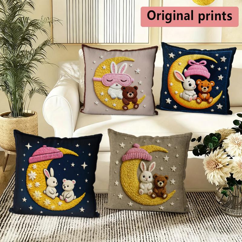 Cute Moon Bunny Bear Home Decor Throw Pillow Covers Pattern Cushion Cover Suitable For Sofa Bedroom Car Pillow Cover