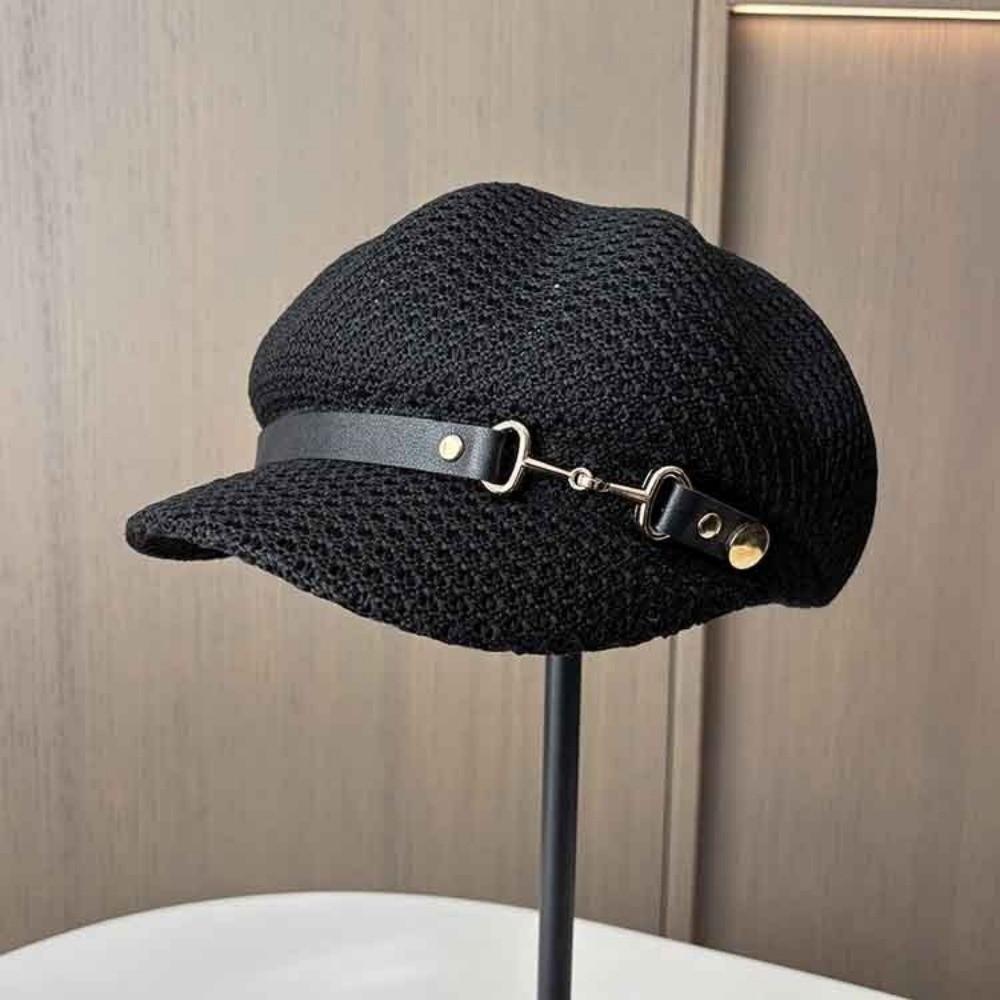 Casual Hollow Octagonal Beret Hat Breathable Spring Summer Beach Straw Hat Leather Buckle Painter Hat Sunshade Cap