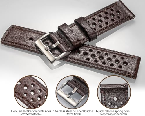 [hemsut H] Genuine Leather Watch Band, Perforated Design, Soft and Flexible, Italian Vegetable Tanned Leather Quick Release Band