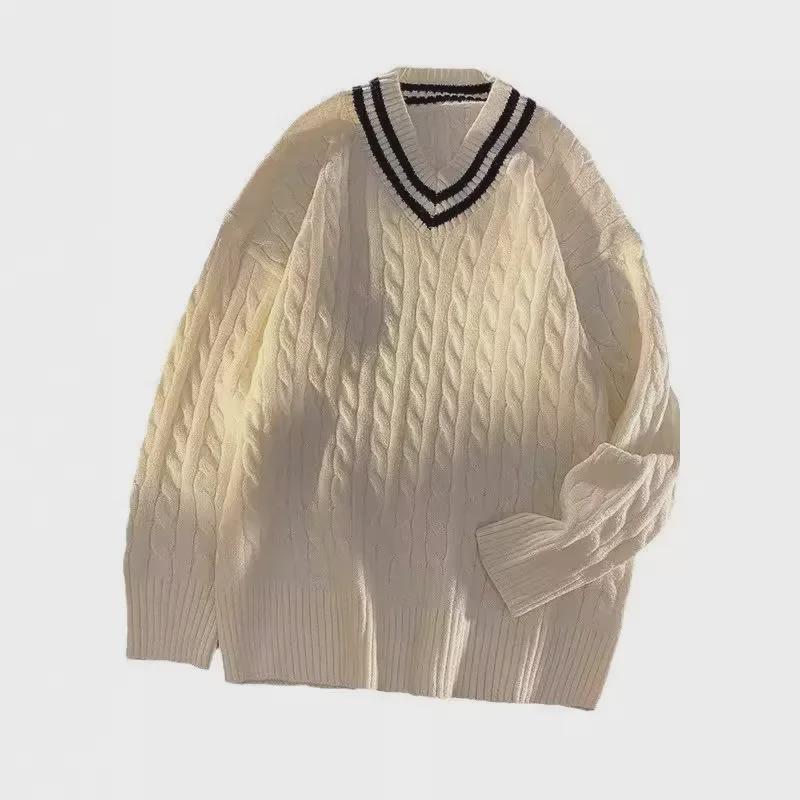 2025 Men's Retro Japanese V-Neck Twisted Knit Sweater - Soft, Loose Fit