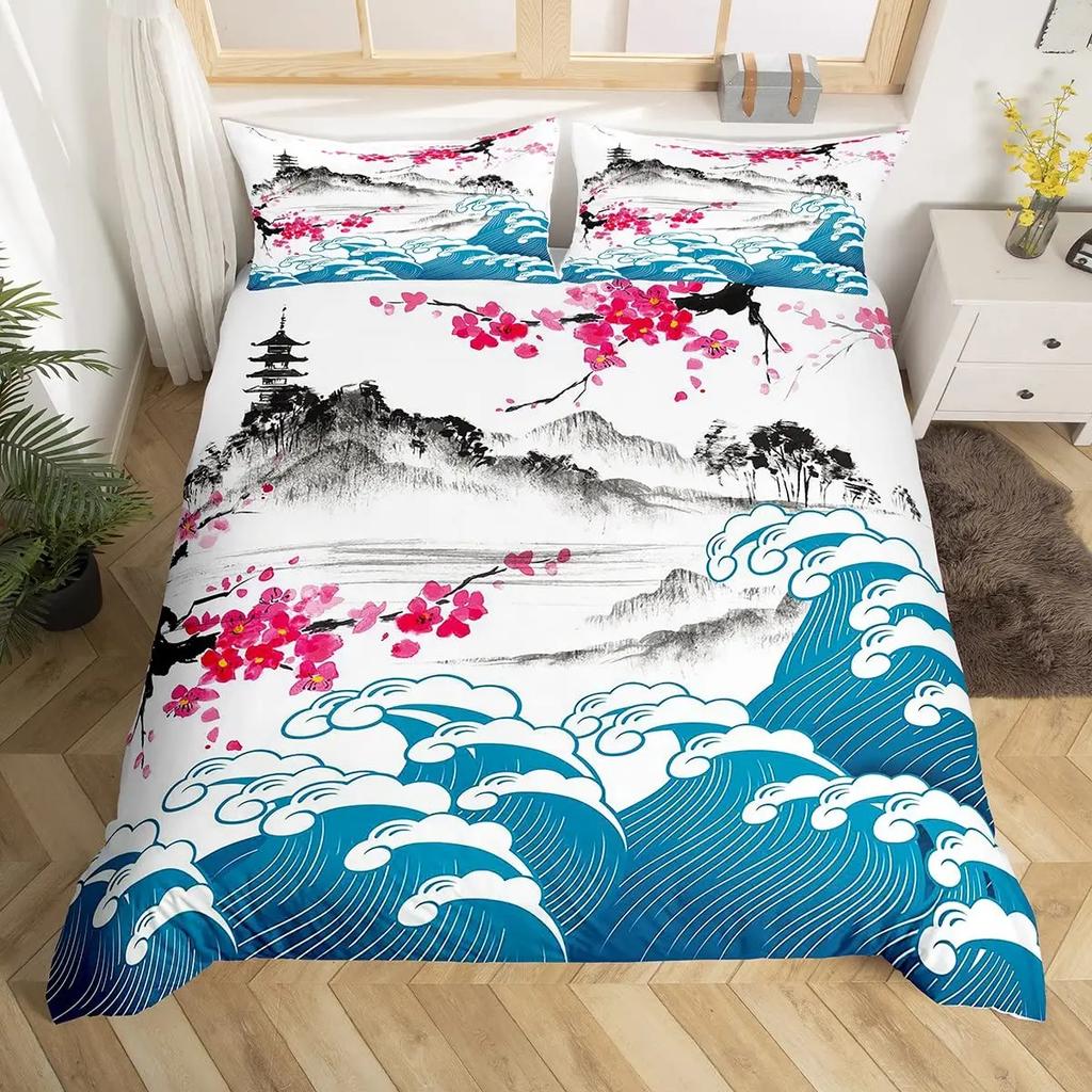 Japanese Ukiyo-E King Queen Duvet Cover Golden Fish Hokusai Bedding Set Crane Wave Quilt Cover Red Sun Polyester Comforter Cover