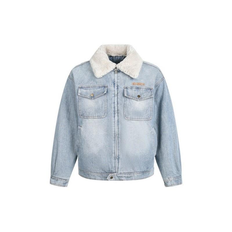 Vintage American Style Fleece Lined Denim Jacket Winter Loose Fit Turn Down Collar Casual Outerwear