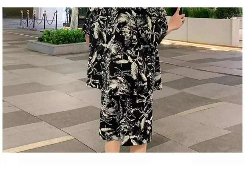 ZY30 Men's Summer Tie-dye Ice Silk Floral Two-piece Casual Set with Short-sleeved Shirt and Shorts