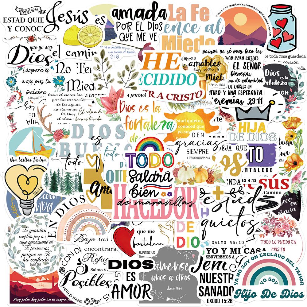 50pcs Spanish Bible Phrase Stickers  Christian Jesus Decals For Stationery Phone Laptop Waterproof Cartoon Sticker Kid Toys