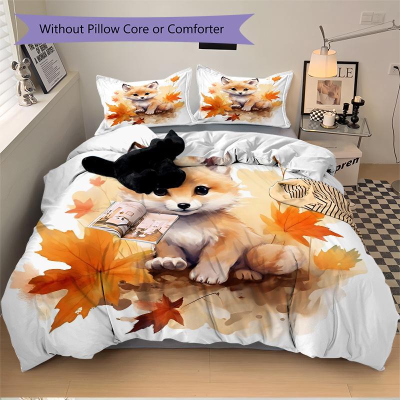 

3pcs Small Animal Fox Cute Design Pattern Bedding Set, 1* Cover + 2*Pillowcases, Printed Bedding Set, Soft 135x200cm