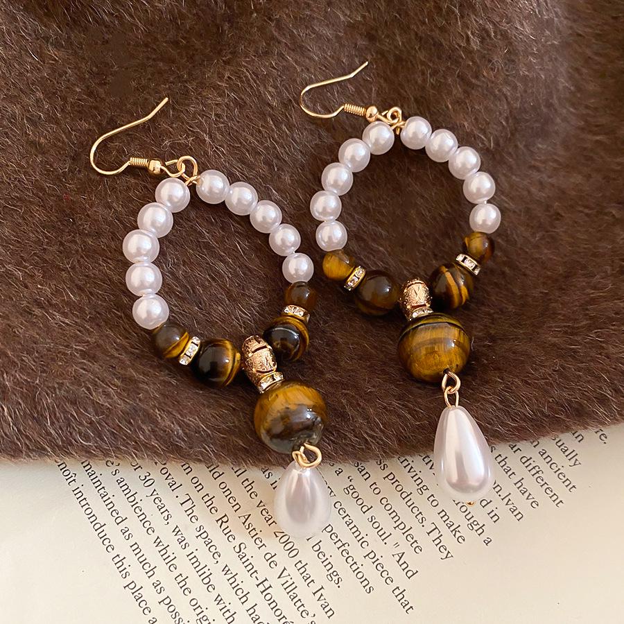 

Retro Tiger Eye & Faux Pearl Beaded Drop Earrings - Autumn/Winter High-End Fashion