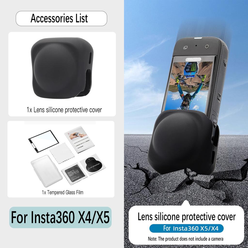 Geeignet für Insta 360 X3/X4/X5 Silikon-Objektivschutzhülle, gehärtete Folie, Objektiv-PC-Schutzlinse