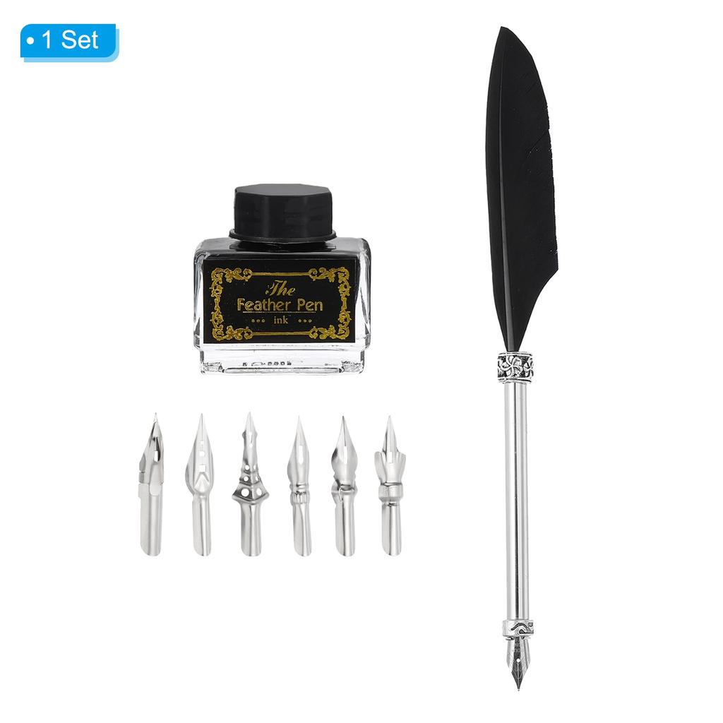 PATIKIL Carving Pen Set Vintage Quill Pen and Ink Set with 6 Replacement Nibs for Calligraphy Writing Office Dip Pen Wedding Gift Black 21.5cm/8.5"