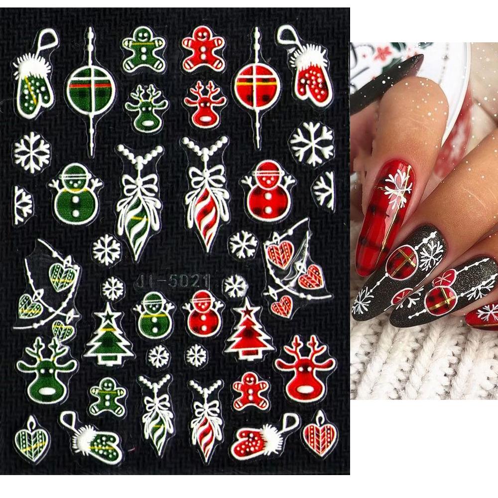 5D Embossed Christmas Nail Art Stickers New Year Red Santa Claus Tree Penguins Snowman Winter Sliders Girl Manicure Decals NK-1*